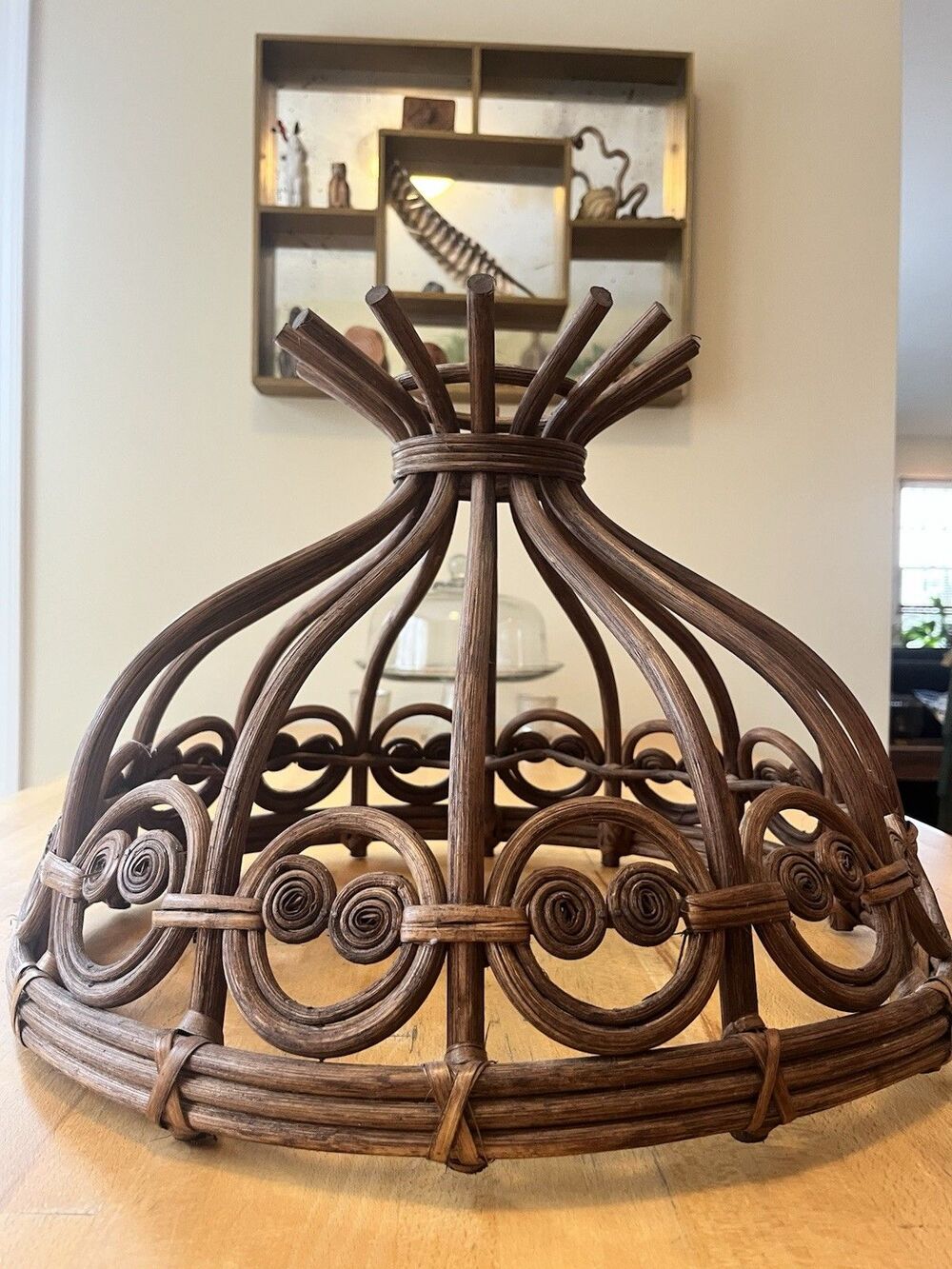 Rare Vintage MCM Bamboo Curled Wicker Pendant Lampshade 1960’s Boho Home Decor - Picture 2 of 8
